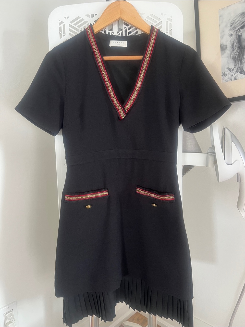 Sandro Black High-Low V-Neck Dress with Red Trim